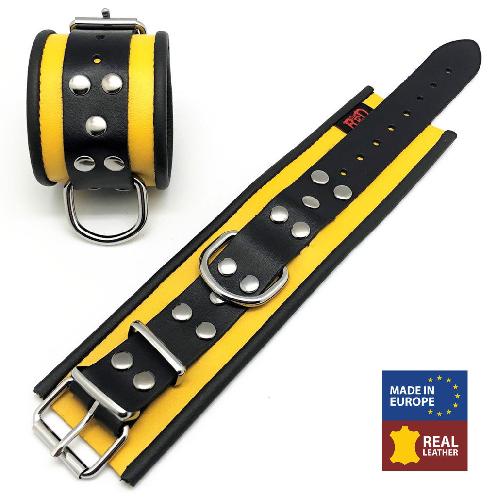 Yellow-black Leather Handcuffs – Sensual Accessories In Premium Quality