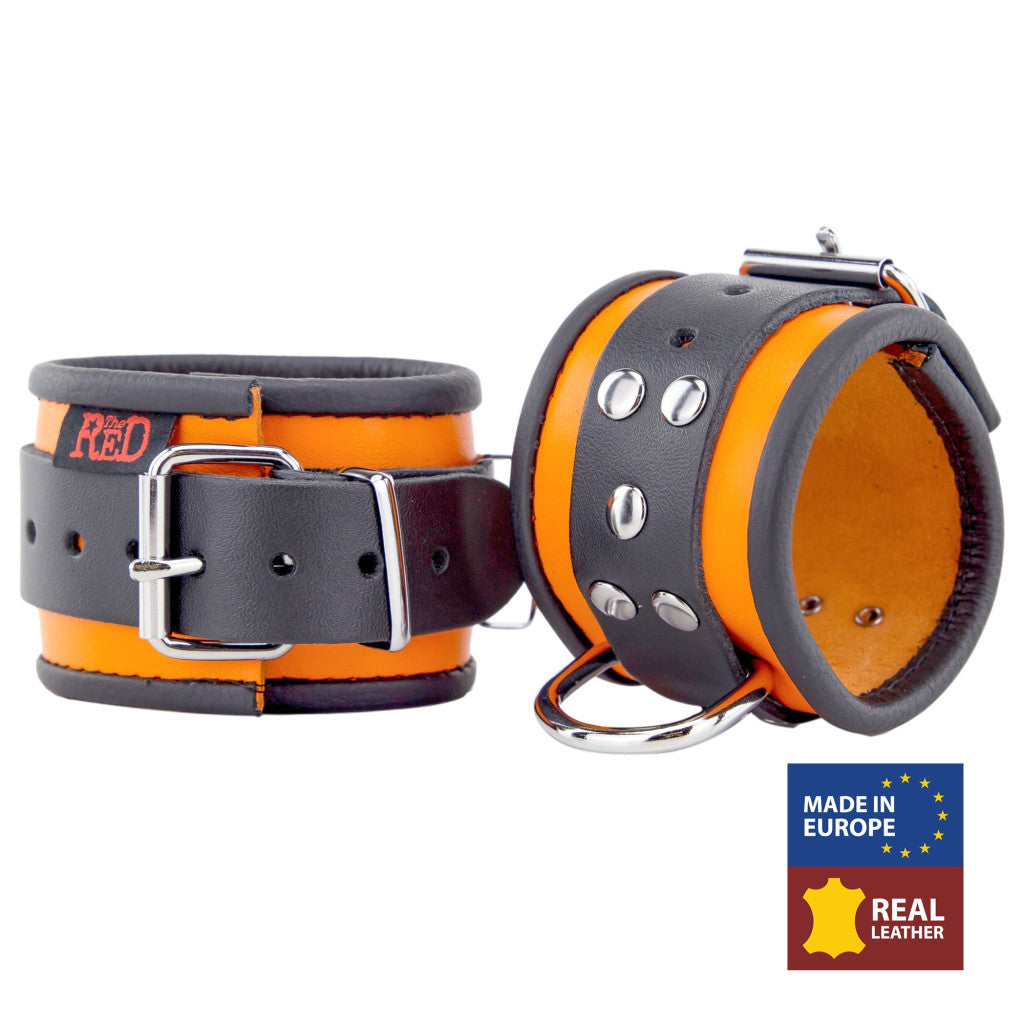 Premium Leather Handcuffs – Orange/black Color Combination