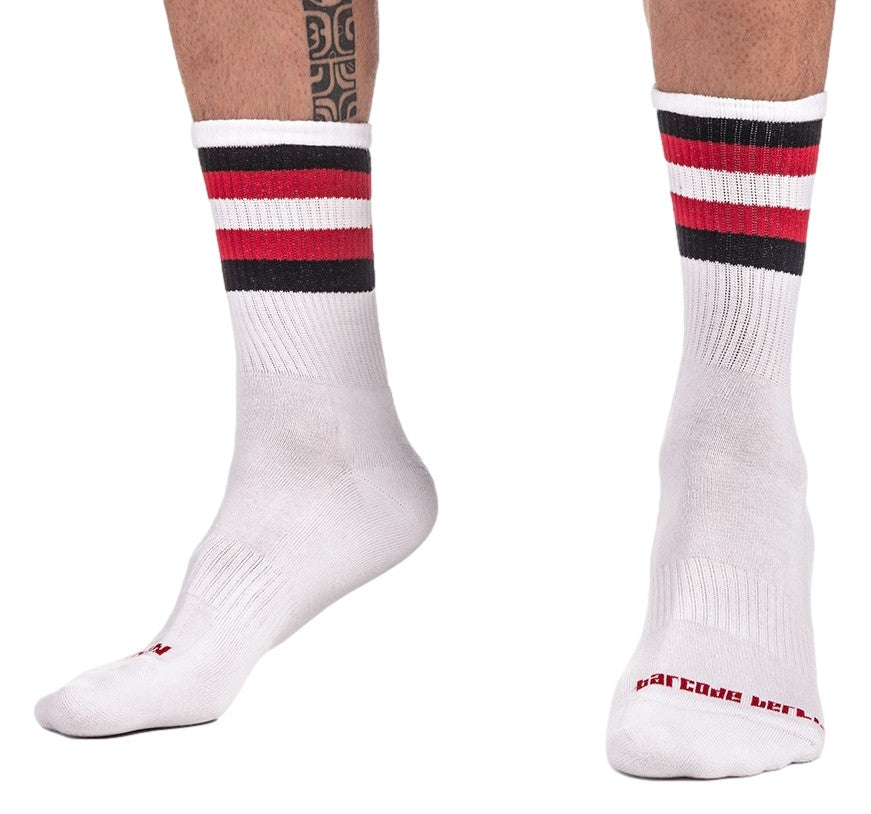 Premium Half Socks – Black-white-red Striped Design