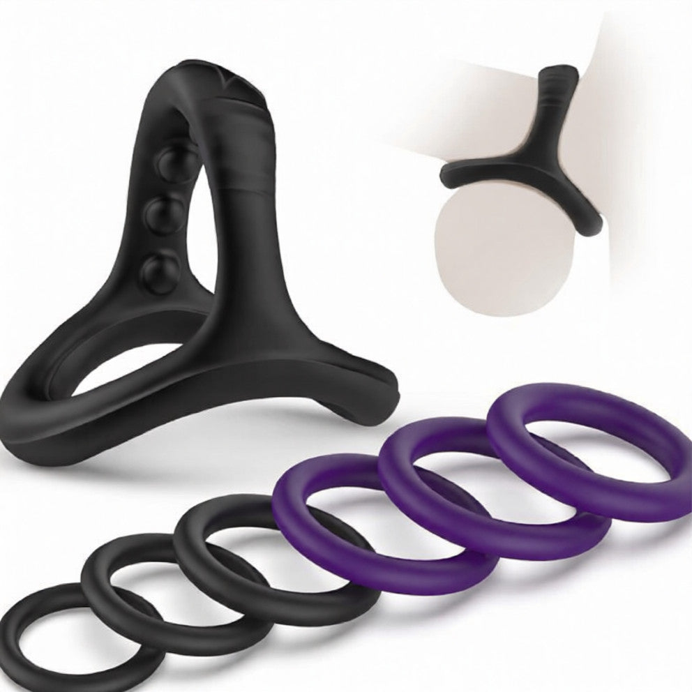 Silicone Penis Ring Set 6 Sizes Black-purple With Ball Puller