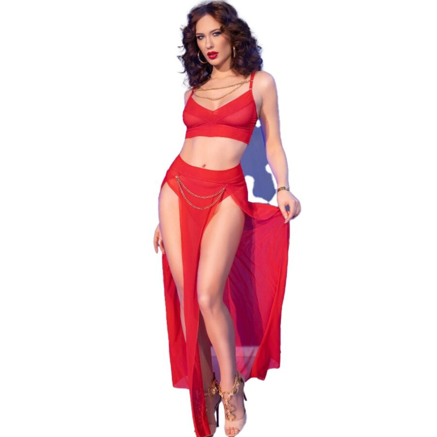 Chilirose - Red Top And Leggings Set With Gold Accessories