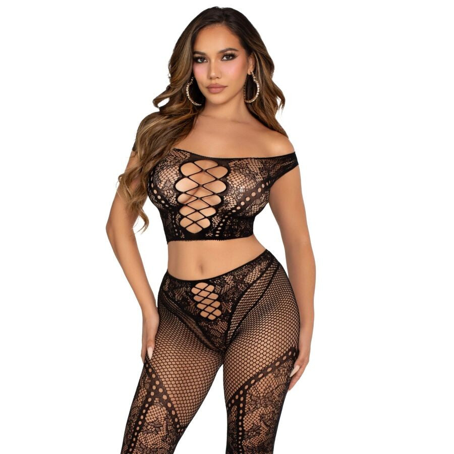 Leg Avenue – Black Mesh Leggings And Off-the-shoulder Crop Top