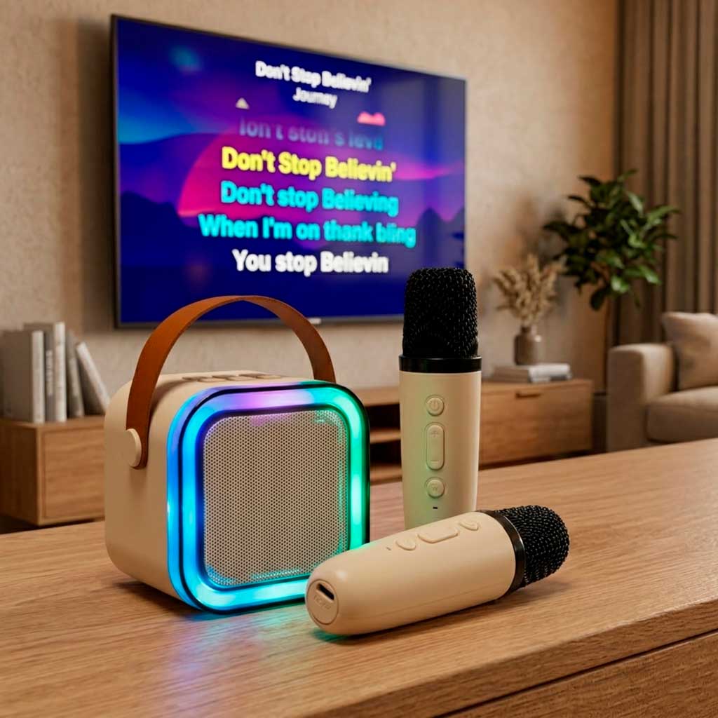 Karaoke Set 2 Microphones + Portable Speaker Bluetooth Usb Led Beige