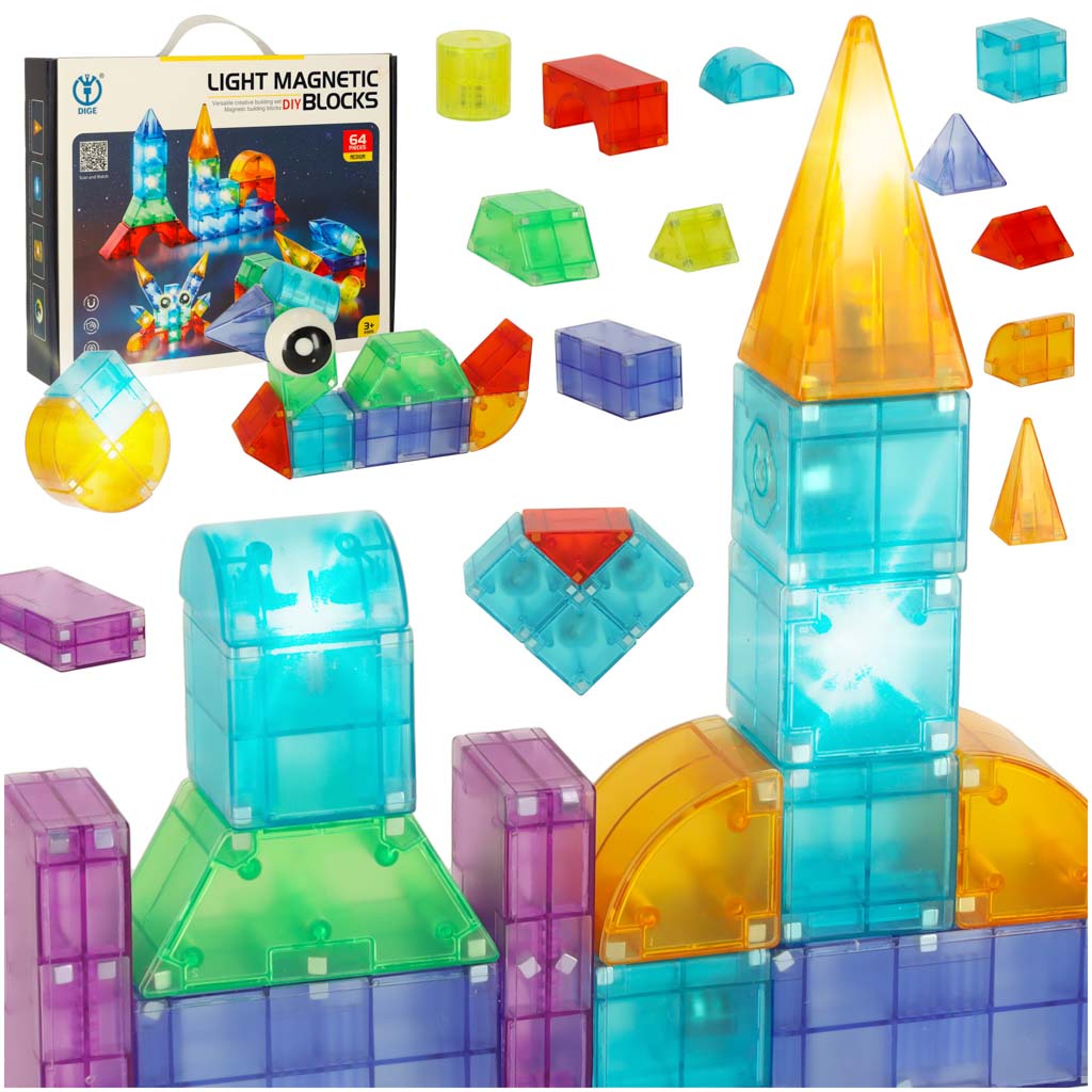 3D konštrukčné magnetické bloky LED žiariace 64 El