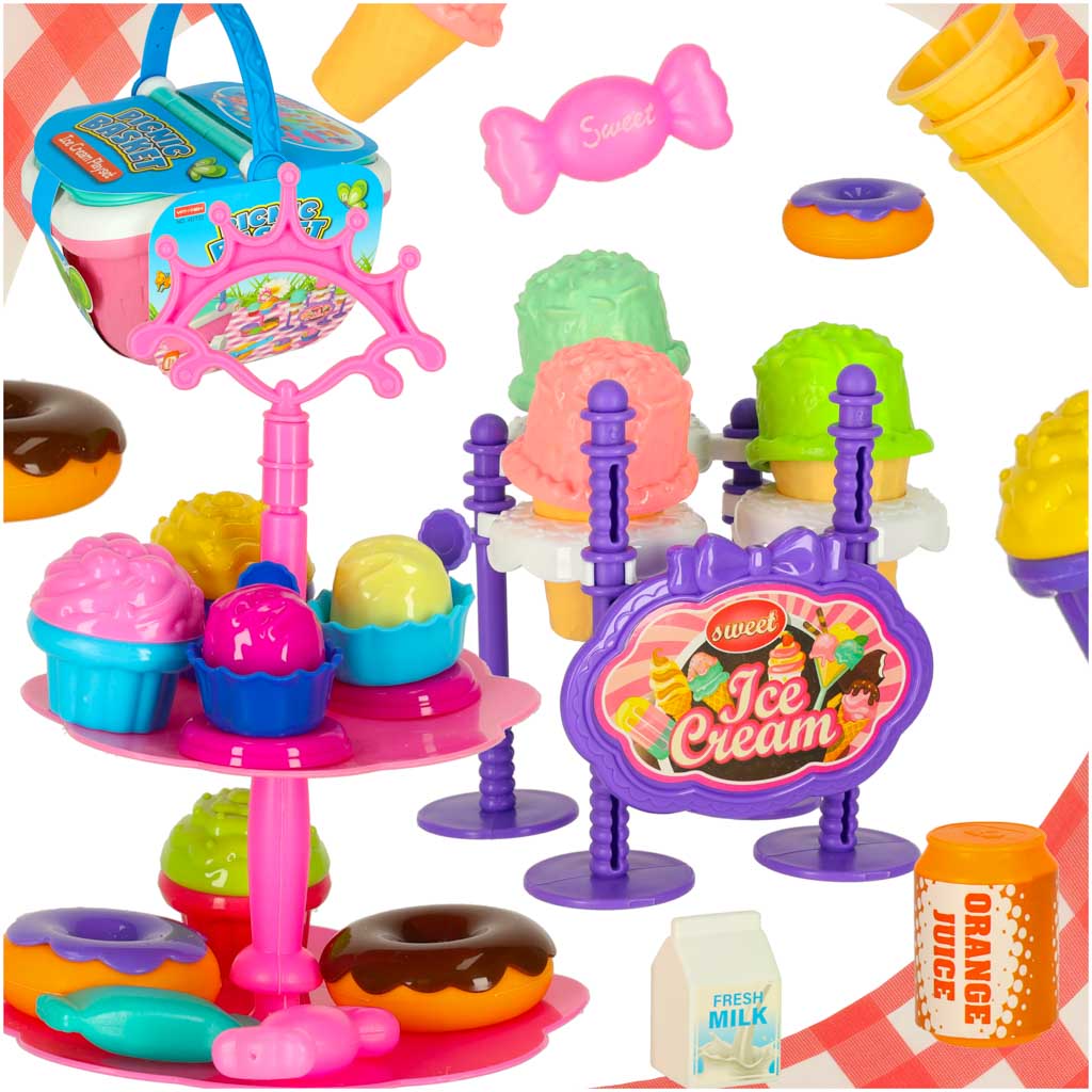 Cesta de piquenique, sorveteria, sobremesas, comida, petiscos para piquenique