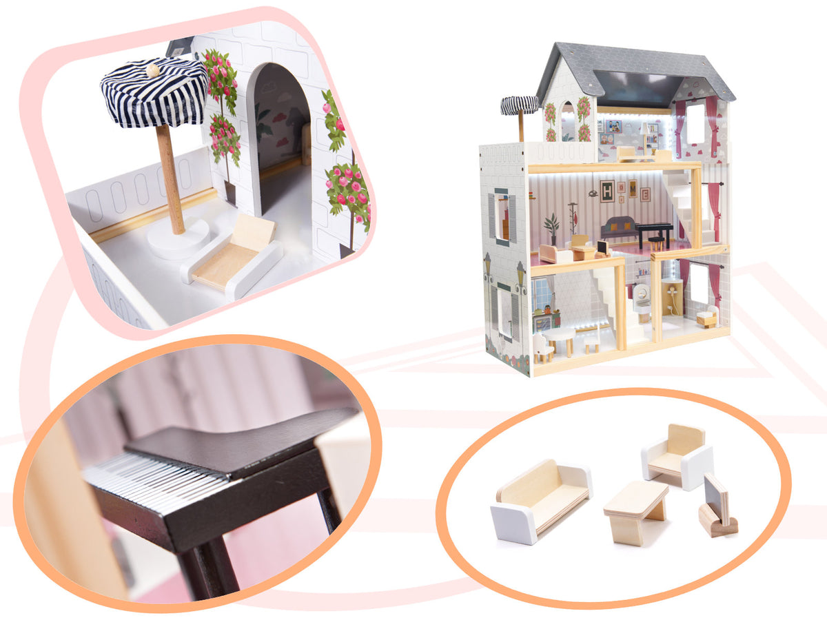 Maison de poupée en bois Mdf + meubles 78cm Led noire