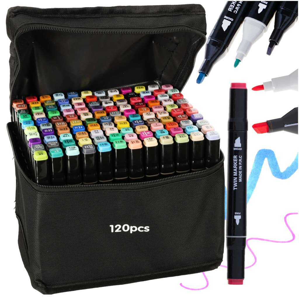 Dwustronne markery alkoholowe w etui 120 + stojak