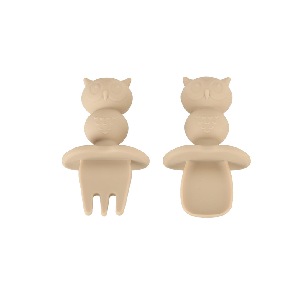 Vaisselle en silicone pour enfants hibou beige 9 éléments