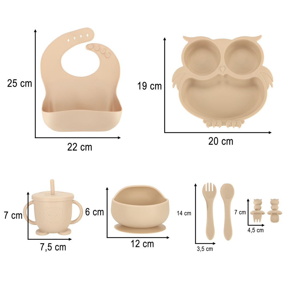 Vaisselle en silicone pour enfants hibou beige 9 éléments