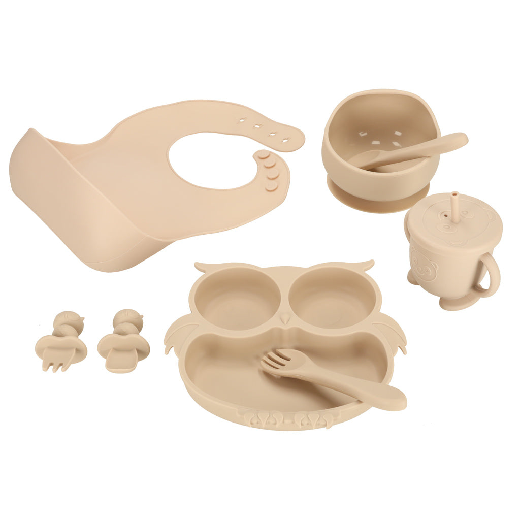 Vaisselle en silicone pour enfants hibou beige 9 éléments