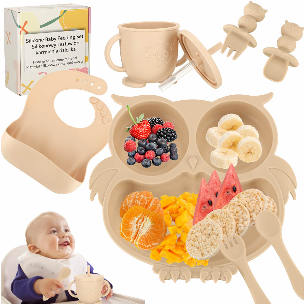 Platos Infantiles De Silicona Búho Beige 9 Elementos