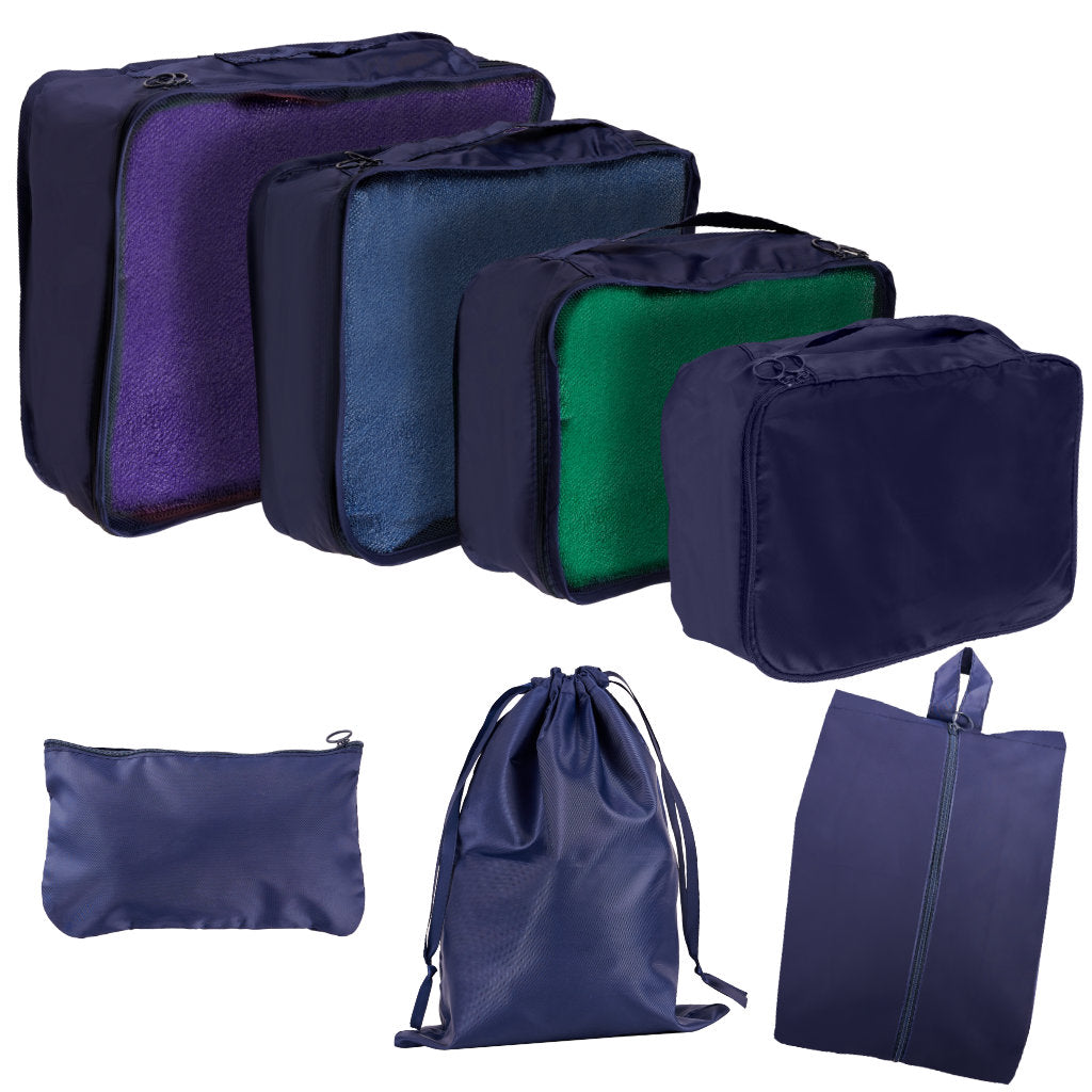 Suitcase Organizers Travel Set 7 Pieces Clothes Storage Accessories Waterproof Bags Toiletry Bag Shoe Bag Navy Blue