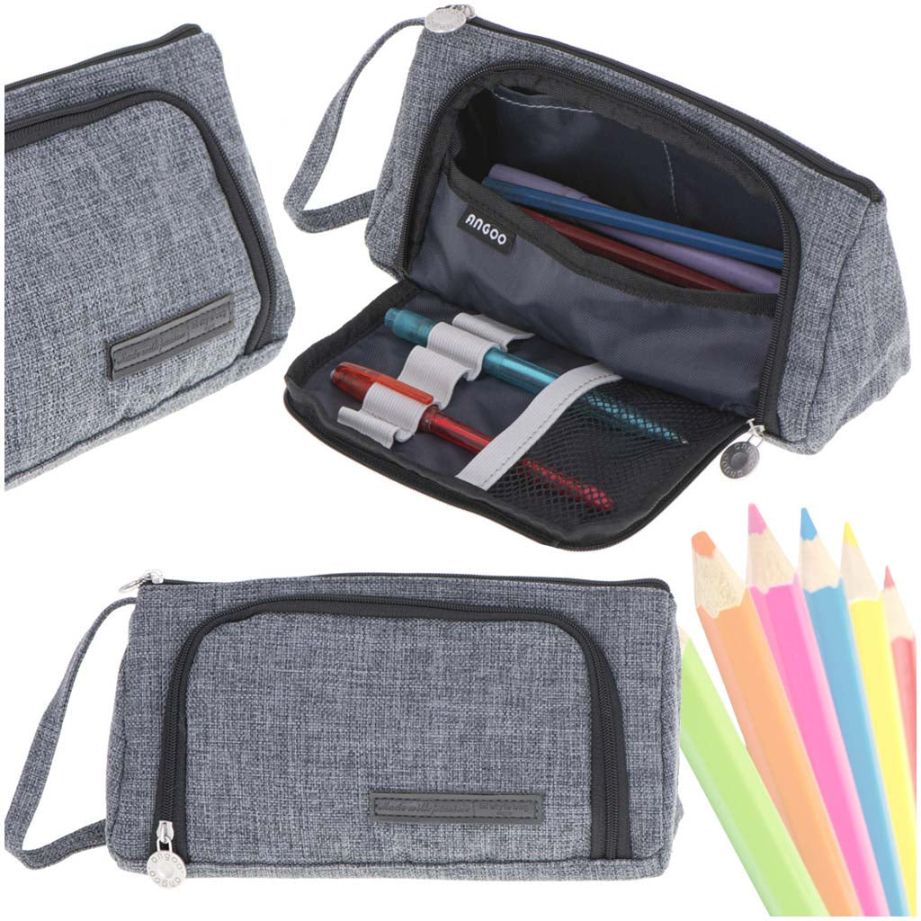 School Pencil Case Double Sachet Make-up Bag Grey