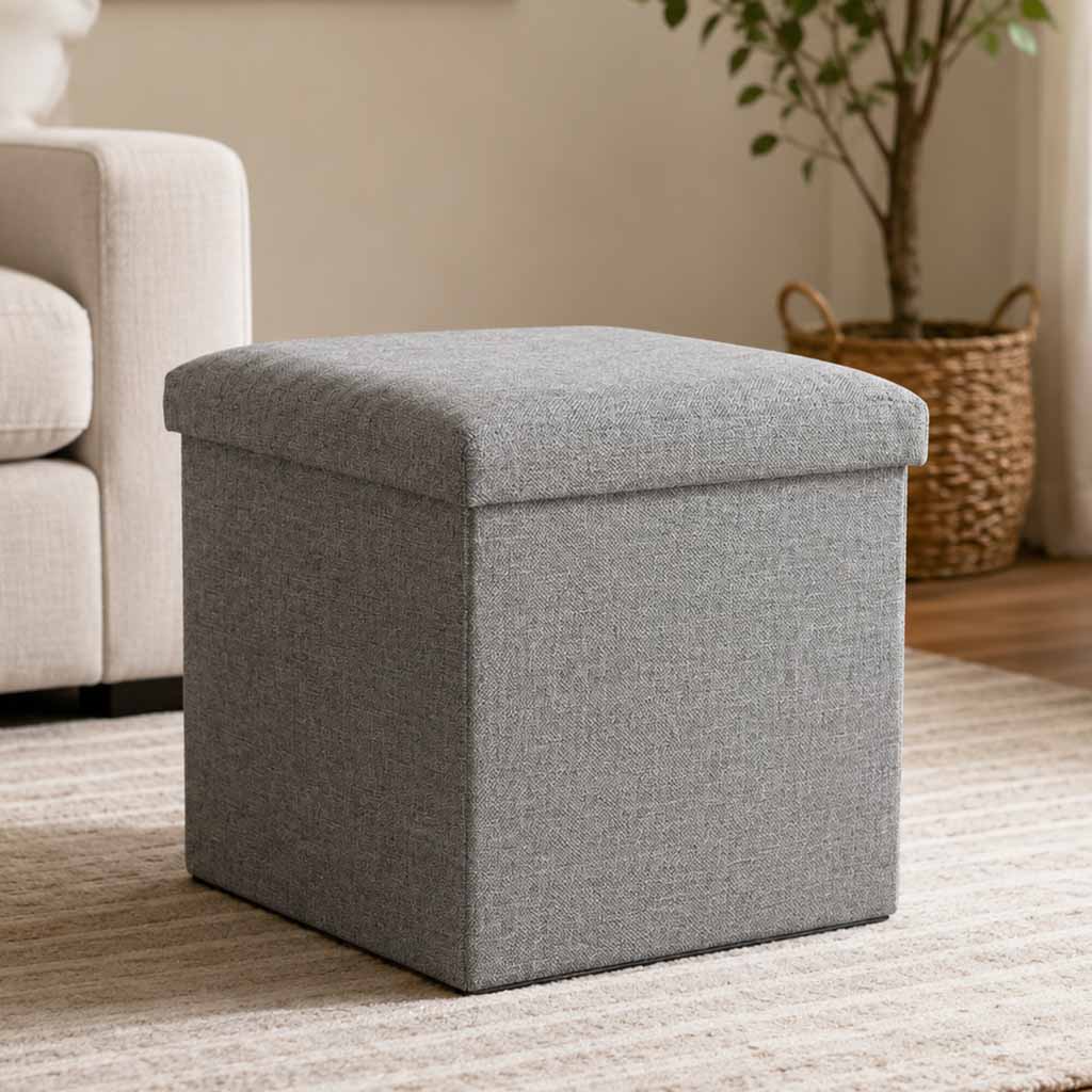 Zusammenklappbarer Sitzhocker mit Aufbewahrungsbox, Grau, 38 x 38 x 38 cm