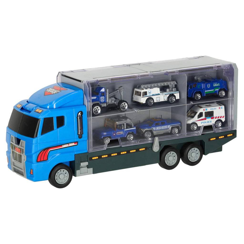 Wyrzutnia Tir Transporter Truck + Policja z metalowymi samochodami