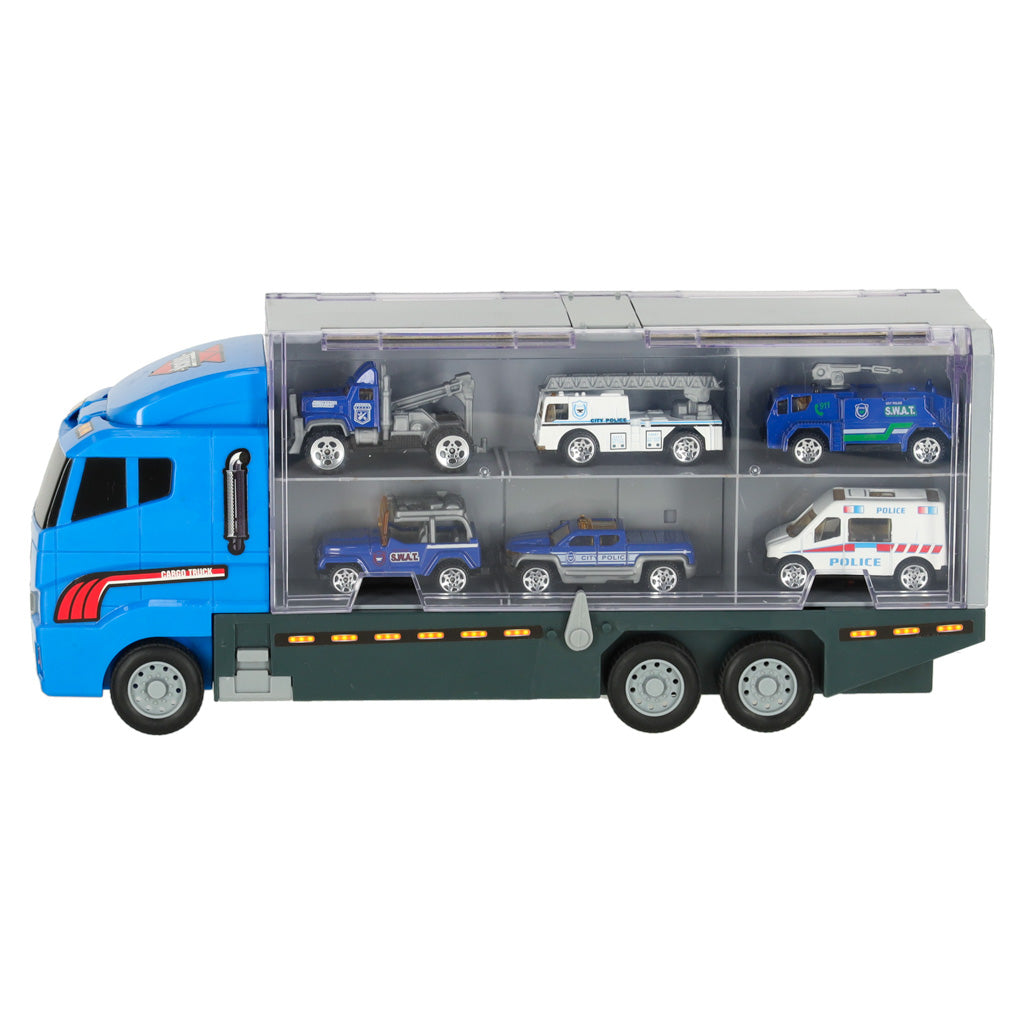 Wyrzutnia Tir Transporter Truck + Policja z metalowymi samochodami