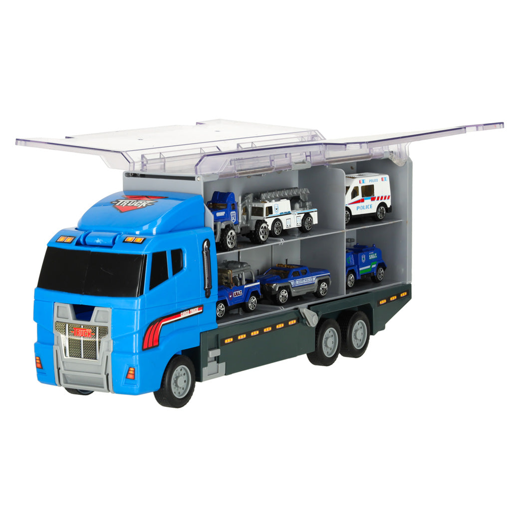 Wyrzutnia Tir Transporter Truck + Policja z metalowymi samochodami