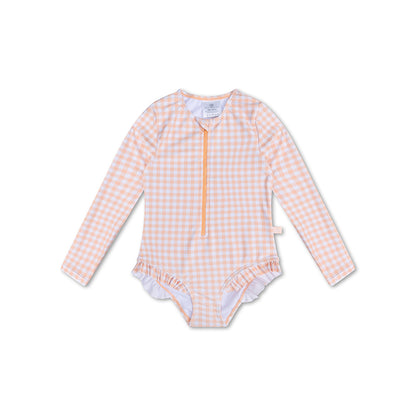 Swim Essentials Uv Swimsuit Girls With Sleeves - Orange/white - Sunset Grid