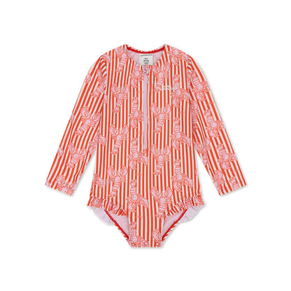 Swim Essentials Uv Swimsuit Girls With Long Sleeves - Red - Lobster Bay