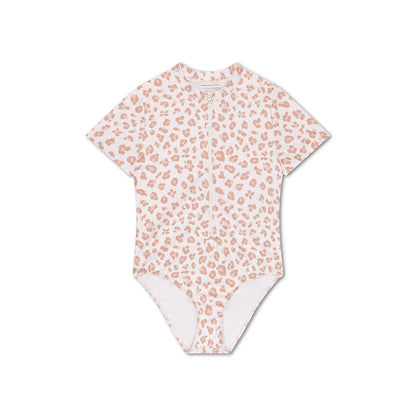 Swim Essentials Swimsuit Girls With Short Sleeves - Beige - Leopard