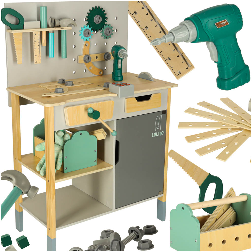 Atelier de lemn Lulilo Fikso Set mic de bricolaj cu instrumente ferăstrău șurubelniță Sunete 86 cm