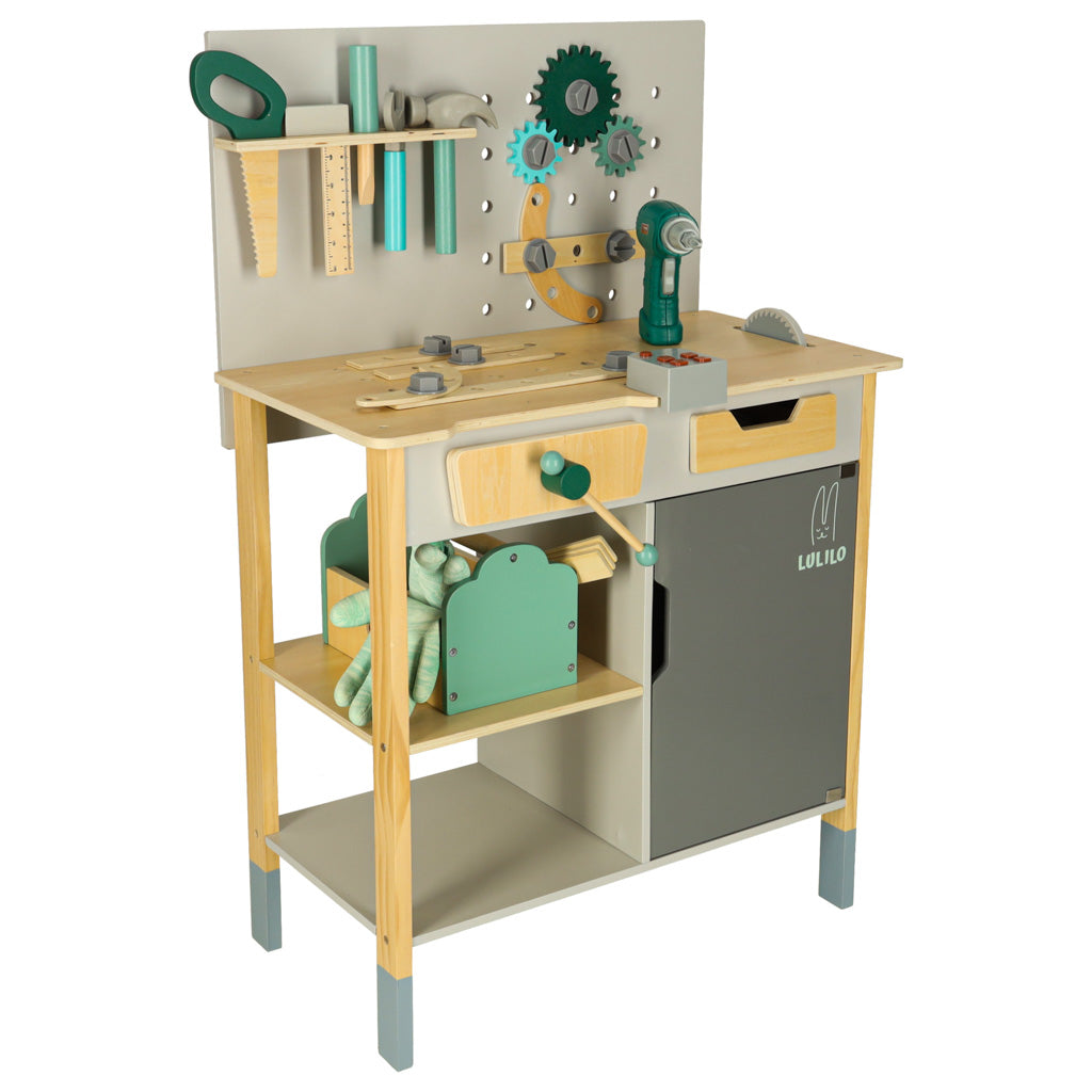 Atelier de lemn Lulilo Fikso Set mic de bricolaj cu instrumente ferăstrău șurubelniță Sunete 86 cm