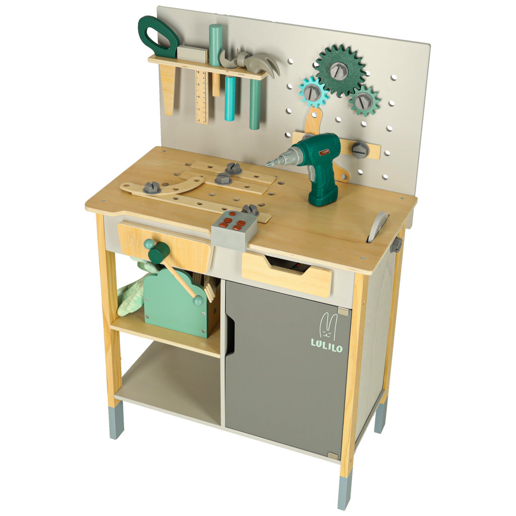 Atelier de lemn Lulilo Fikso Set mic de bricolaj cu instrumente ferăstrău șurubelniță Sunete 86 cm