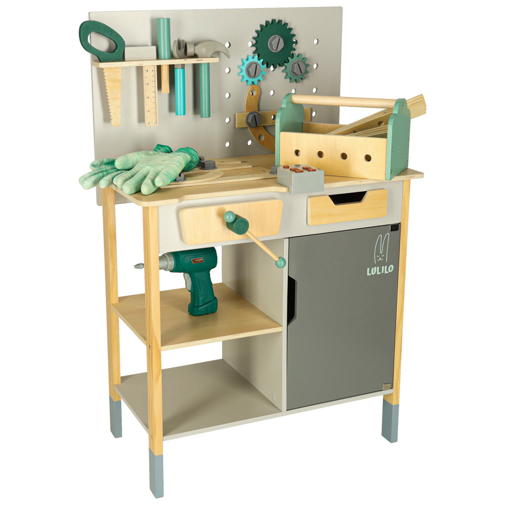 Atelier de lemn Lulilo Fikso Set mic de bricolaj cu instrumente ferăstrău șurubelniță Sunete 86 cm