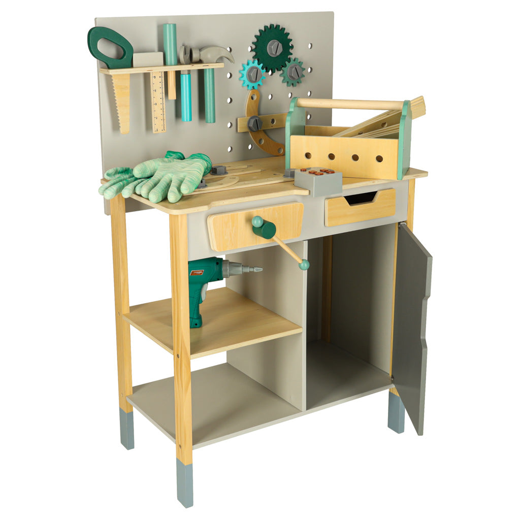 Atelier de lemn Lulilo Fikso Set mic de bricolaj cu instrumente ferăstrău șurubelniță Sunete 86 cm