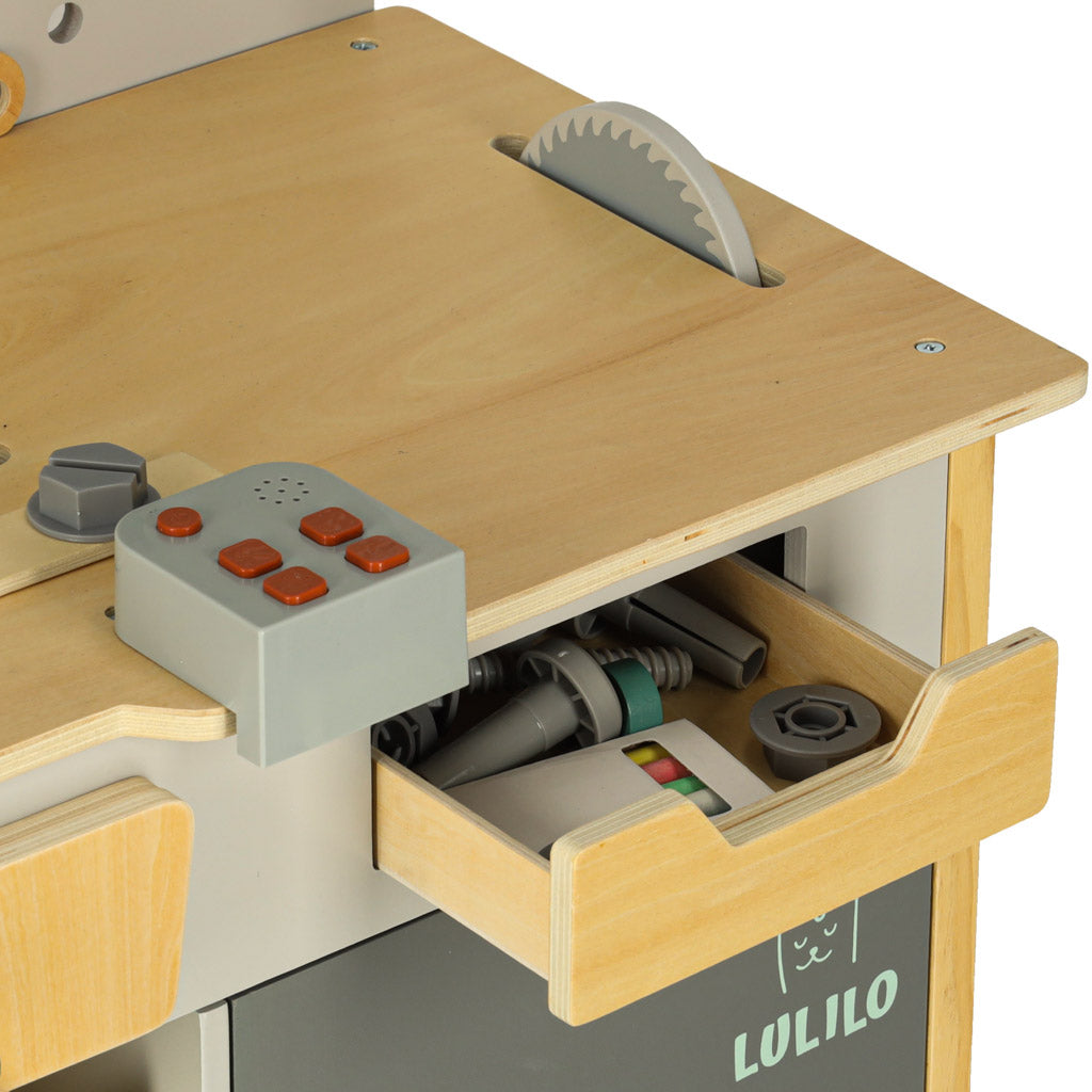 Atelier de lemn Lulilo Fikso Set mic de bricolaj cu instrumente ferăstrău șurubelniță Sunete 86 cm