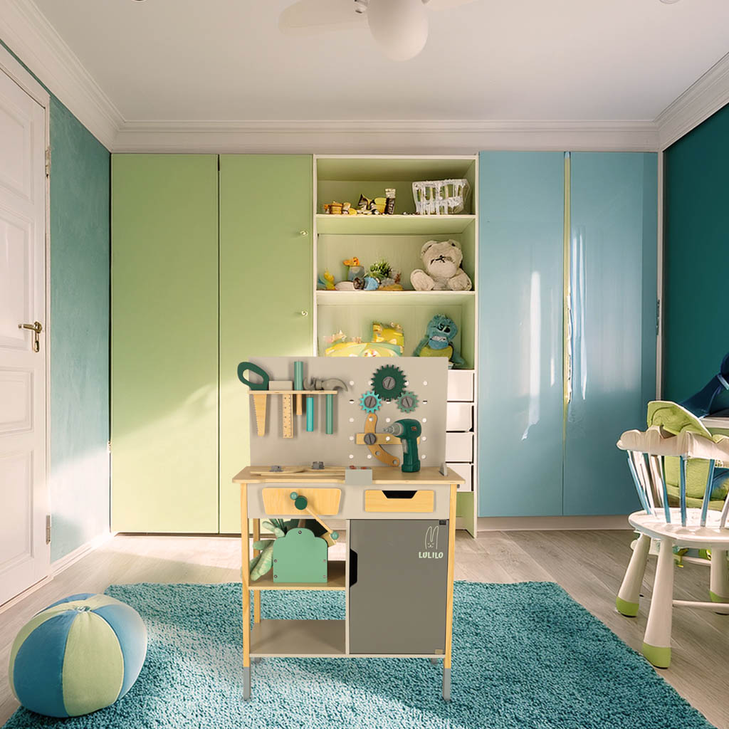 Atelier de lemn Lulilo Fikso Set mic de bricolaj cu instrumente ferăstrău șurubelniță Sunete 86 cm