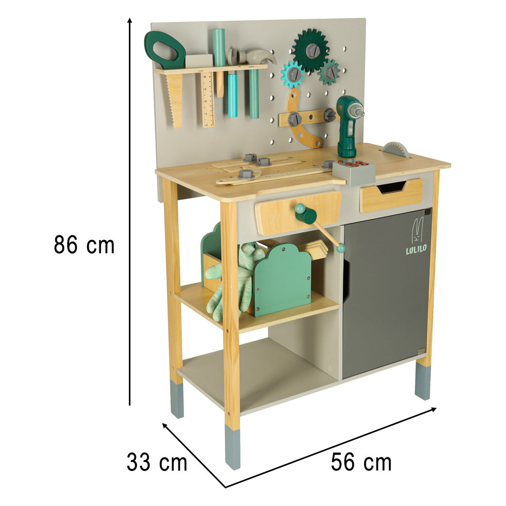 Atelier de lemn Lulilo Fikso Set mic de bricolaj cu instrumente ferăstrău șurubelniță Sunete 86 cm