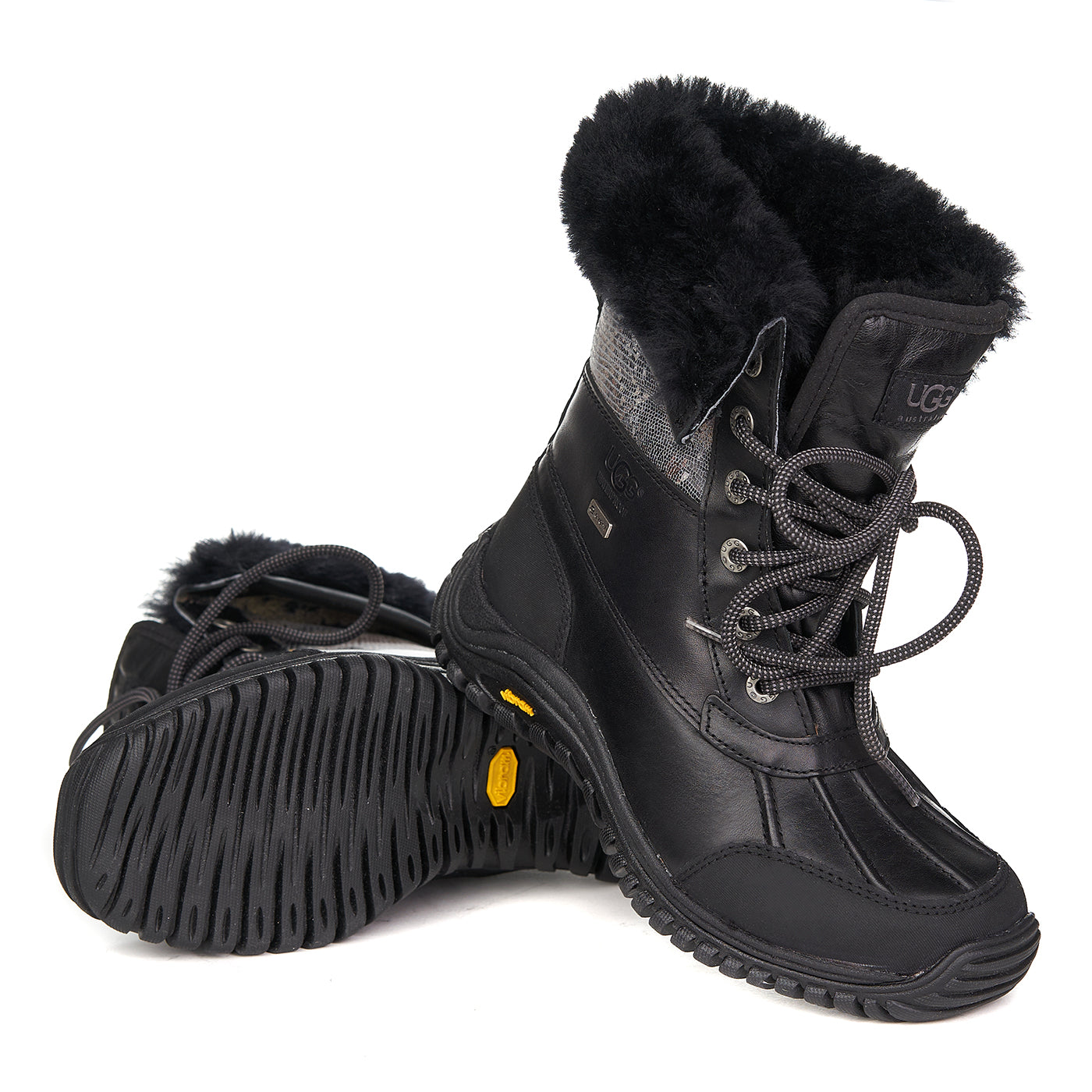 Ugg Adirondack Ii Bottes De Neige Serpent Cuir Véritable Doublé De Fourrure Noir