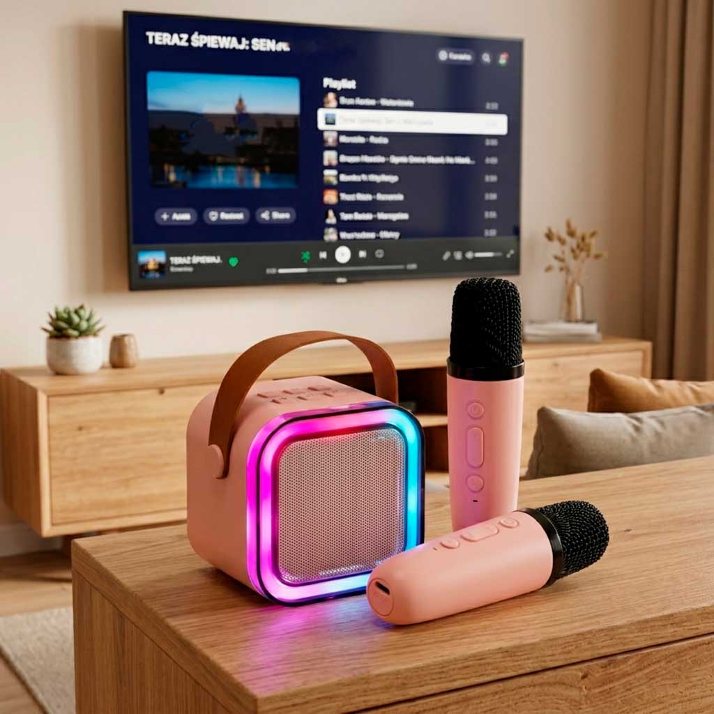 Karaoke Set 2 Microphones + Portable Speaker Bluetooth Usb Led Pink