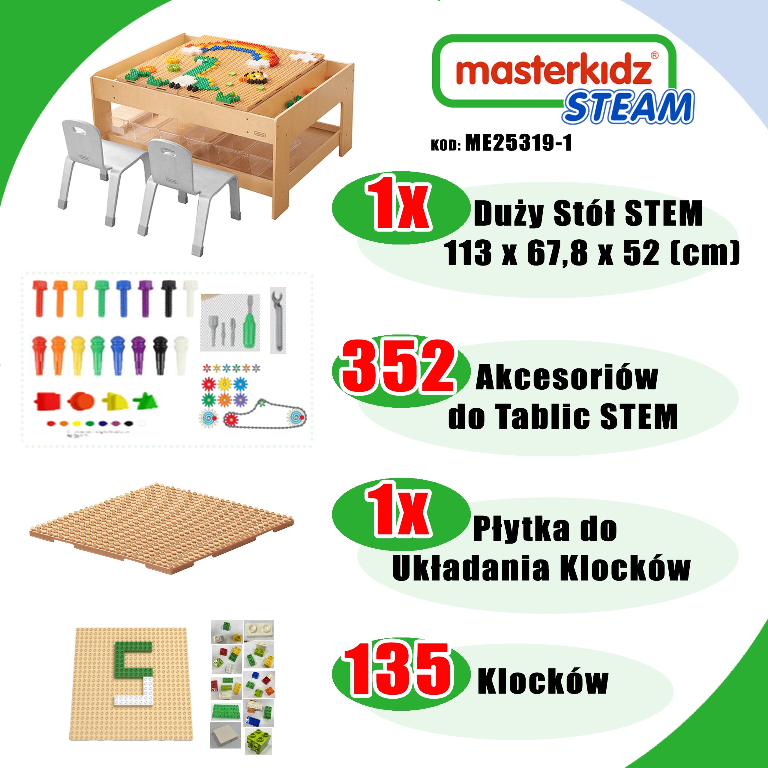 Masterkidz fából készült oktatási asztal + szárfal kiegészítők + 135 blokk