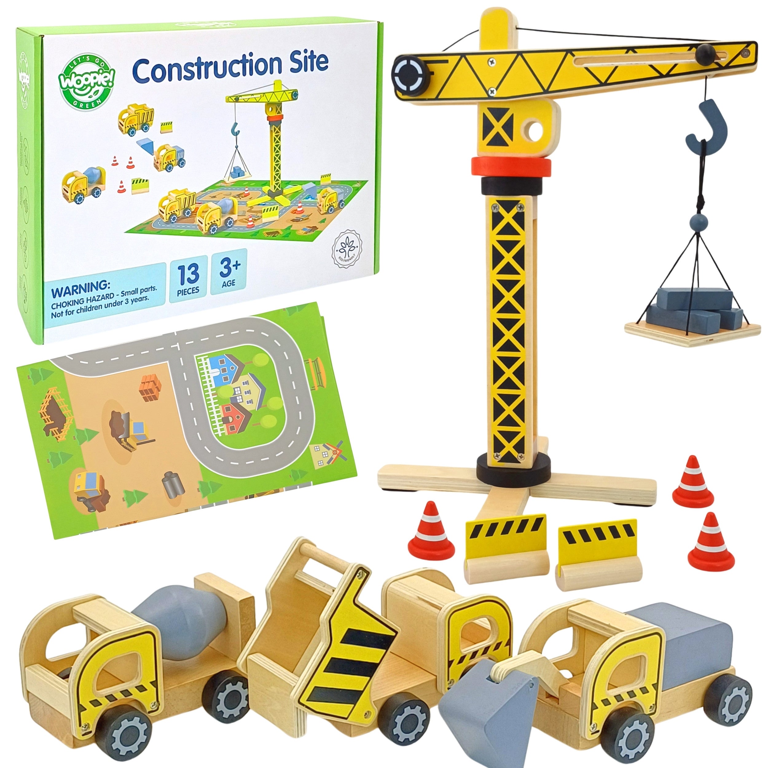 Woopie Green Wooden Construction Site 5-in-1 Mobile Crane Xxl Construction Vehicles 13 Pcs Fsc