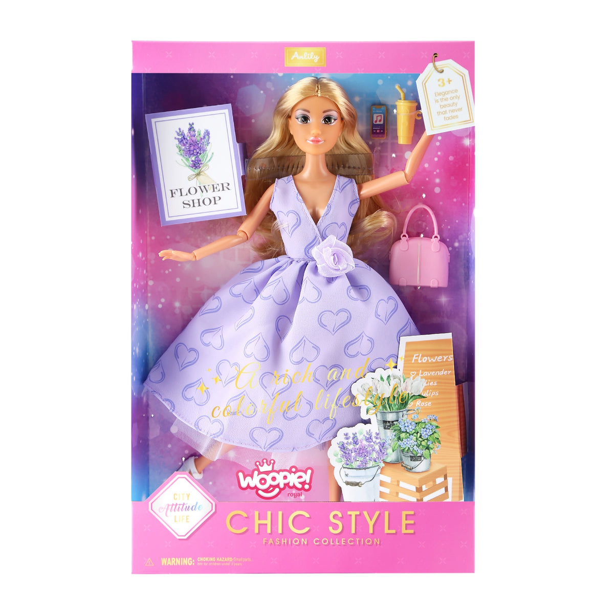 Boneca Woopie Royal Lily Cabelo Loiro Longo 30cm Acessórios para Vestido Lavanda