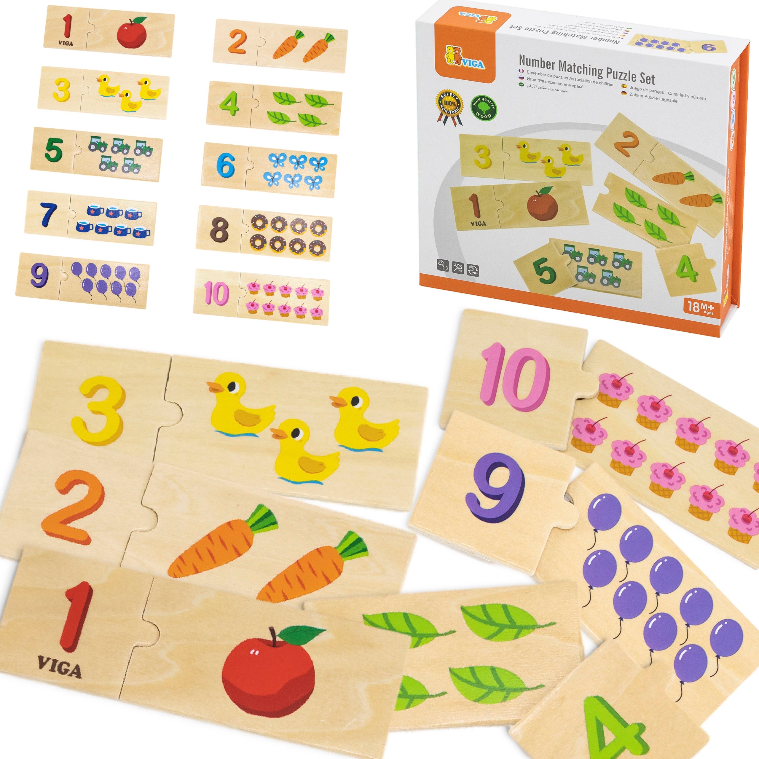 Viga Træpuslespil Sæt Match Numbers Montessori Puslespil