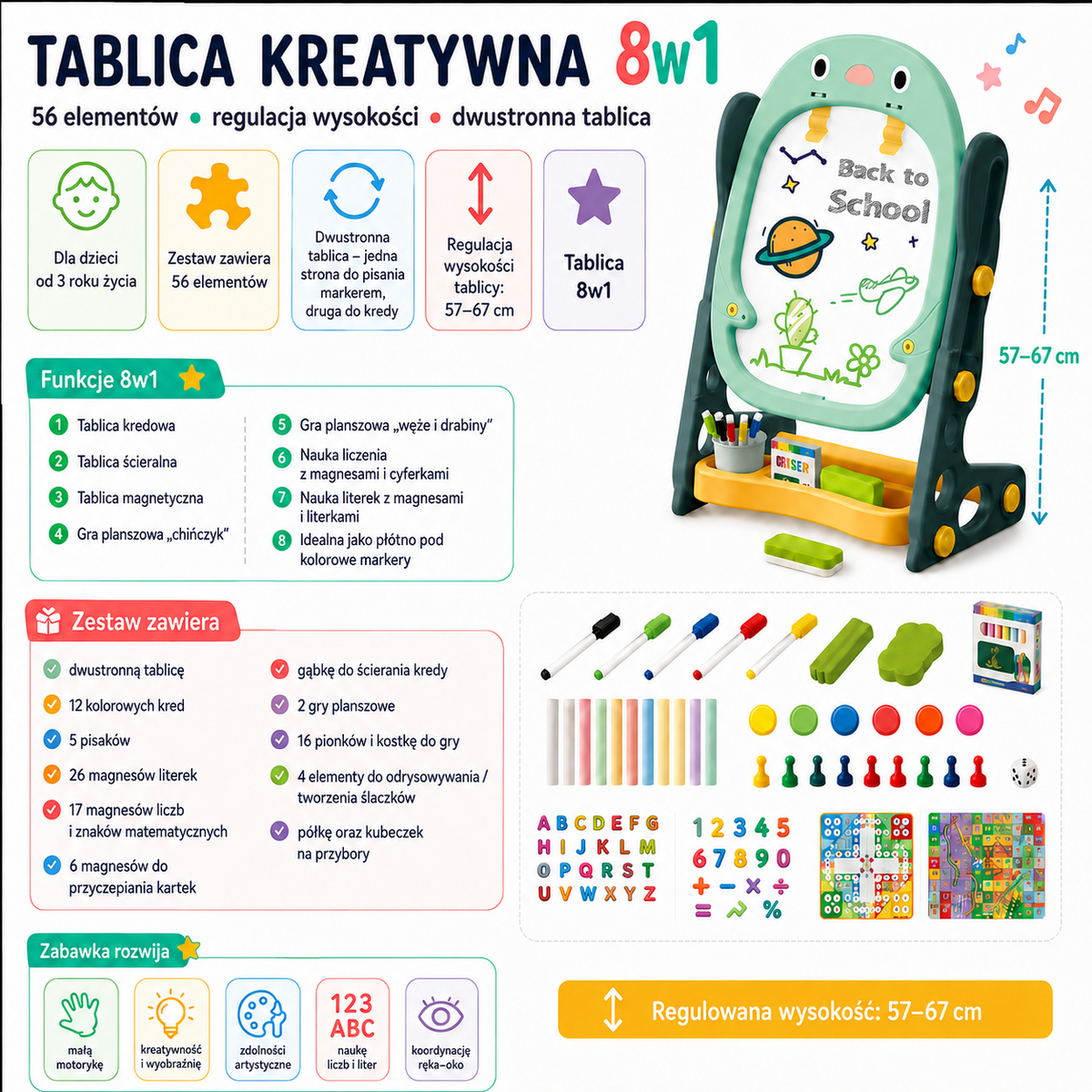 Woopie kétoldalas mágnestábla számok és betűk rajzolásához és megtanulásához 56 db.