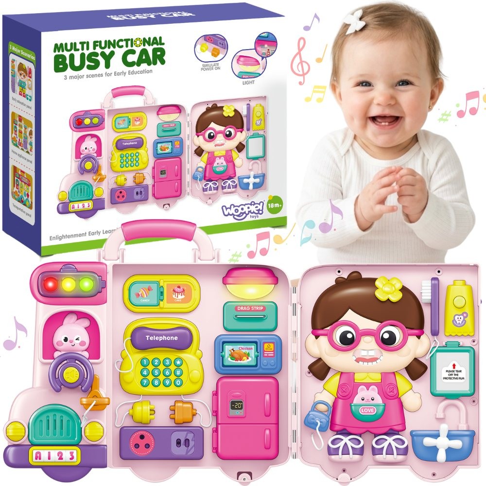 Bord Ionramhála Idirghníomhach Woopie Suitcase Gluaisteán Gnóthach 3in1 Solas Fuaime