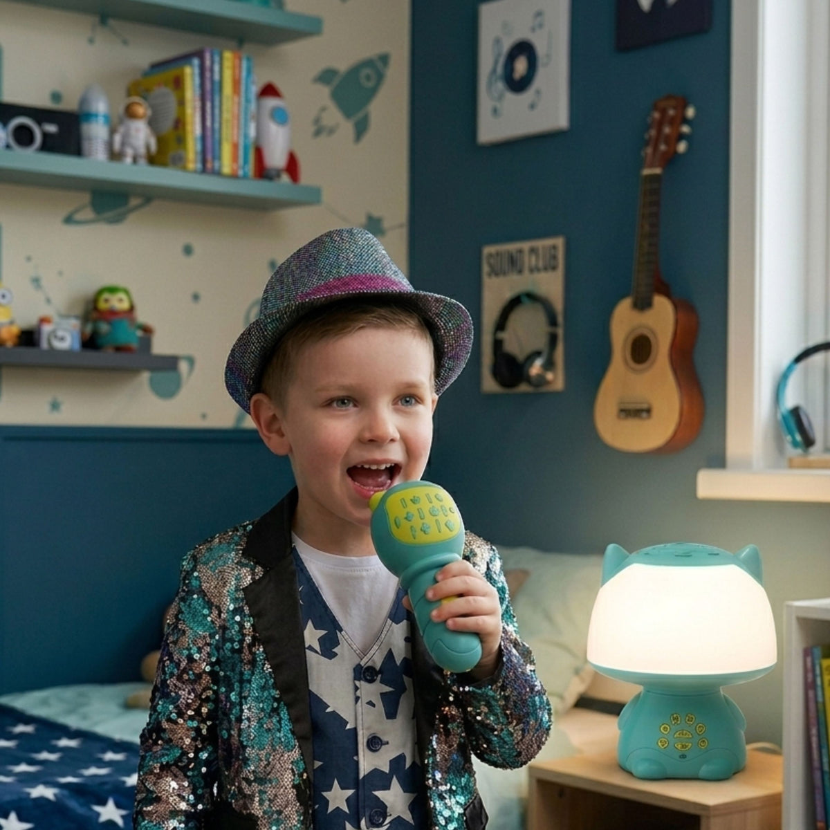 Woopie Multifunktionale RGB-Lampe, Bluetooth-Lautsprecher, Karaoke, Sprachmodulator, SD-Karte, Aux, Türkis