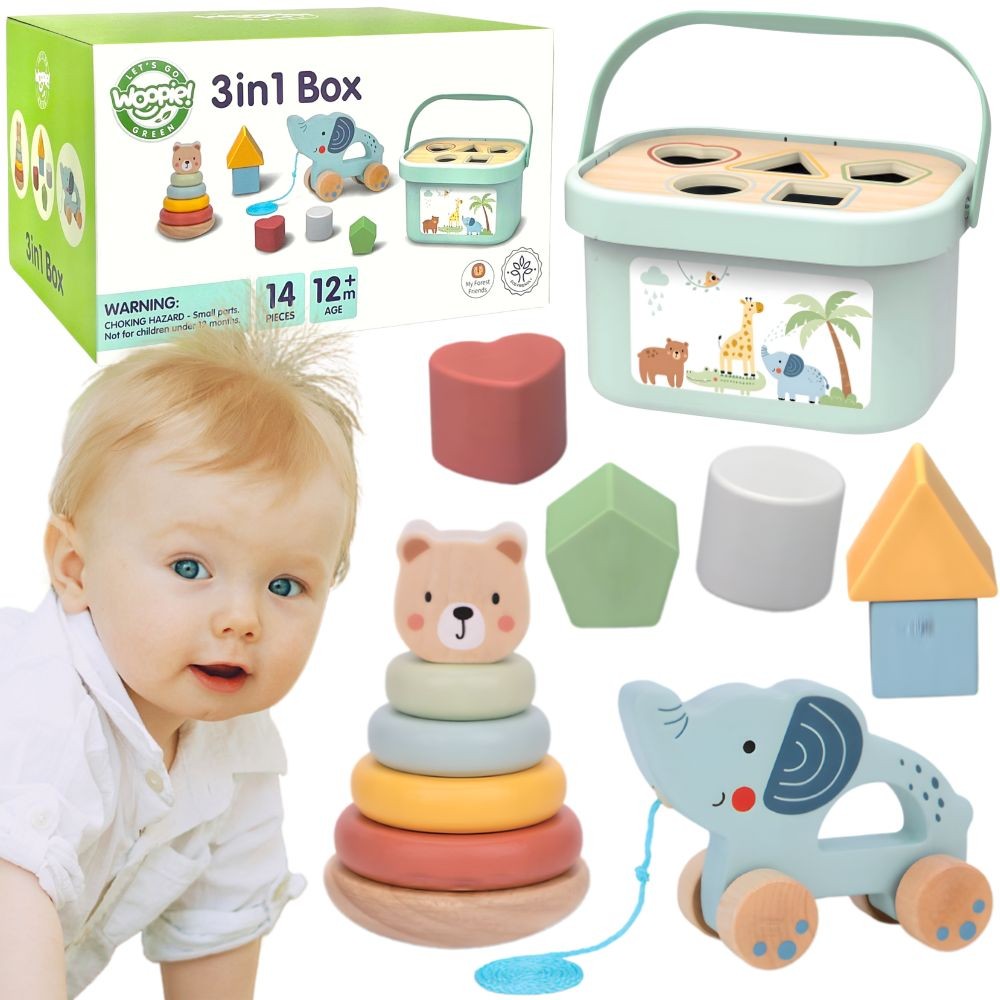 Woopie Green Sorter Box 3in1 Blocks Pyramid Elephant Fsc