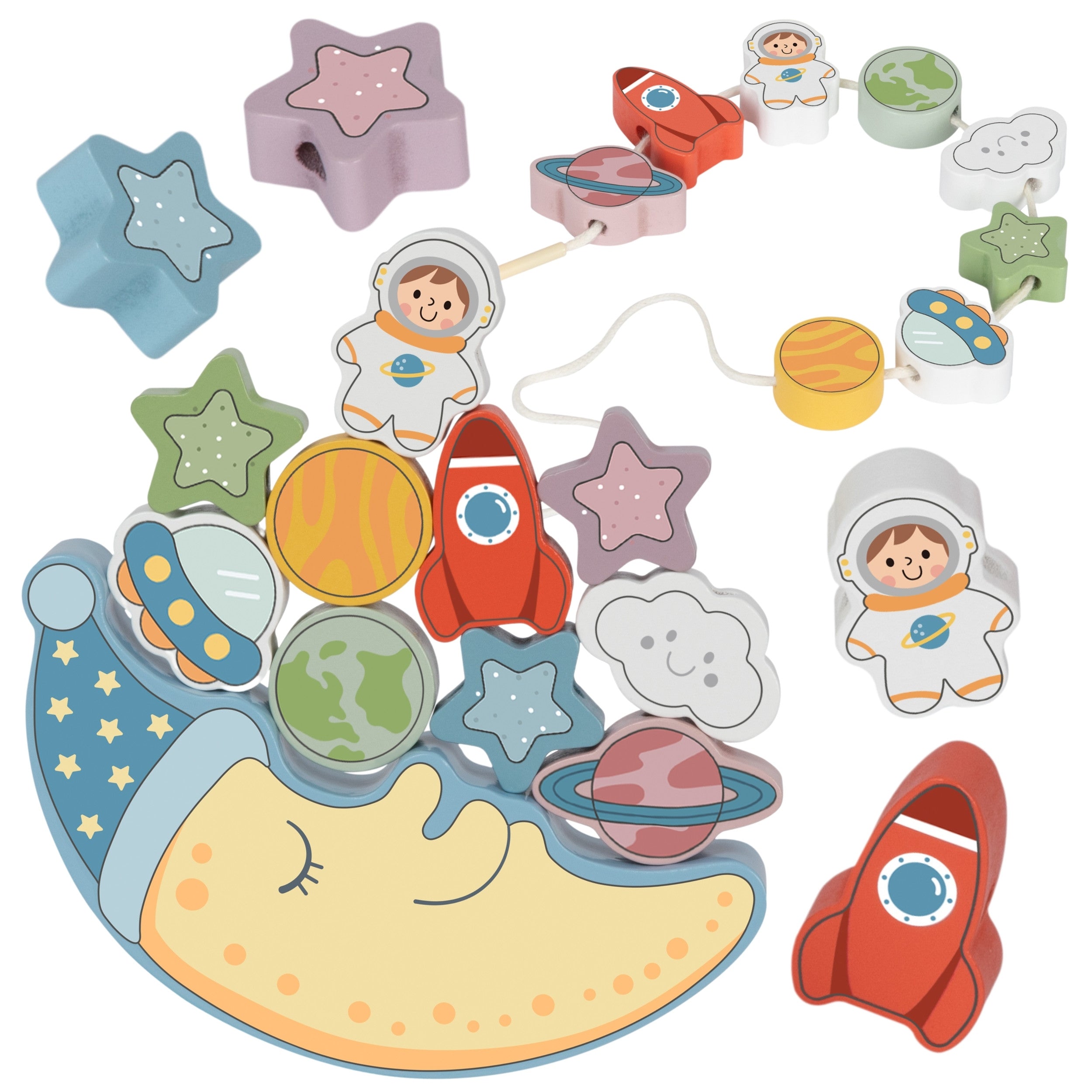 Tooky Toy Cosmic Sleeping Moon Balancing Wooden Puzzle Threading Montessori Space