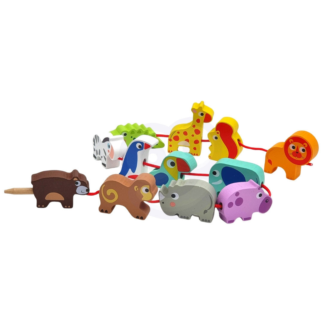 Woopie Groene Houten Rijgblokken Safari Dieren Dierentuin 13 St.
