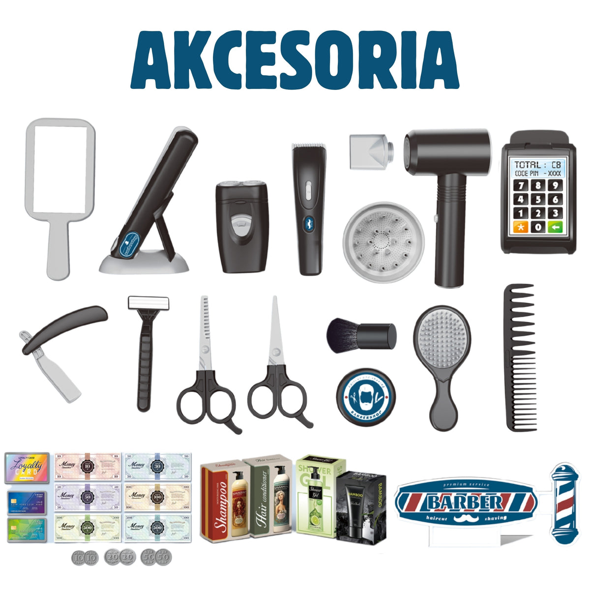 Kadeřnická sada Woopie Barber pro dětský stylingový salon 24ks.