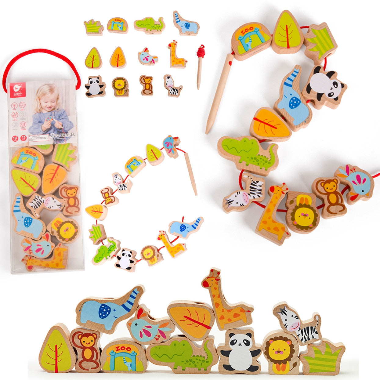Classic World Wooden Threading Blocks Zoo 13 Pcs.