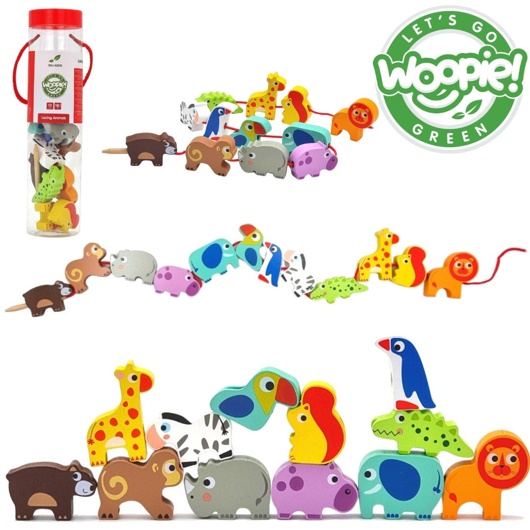Woopie Зелени дървени резбовани блокчета Safari Animals Zoo 13 бр.