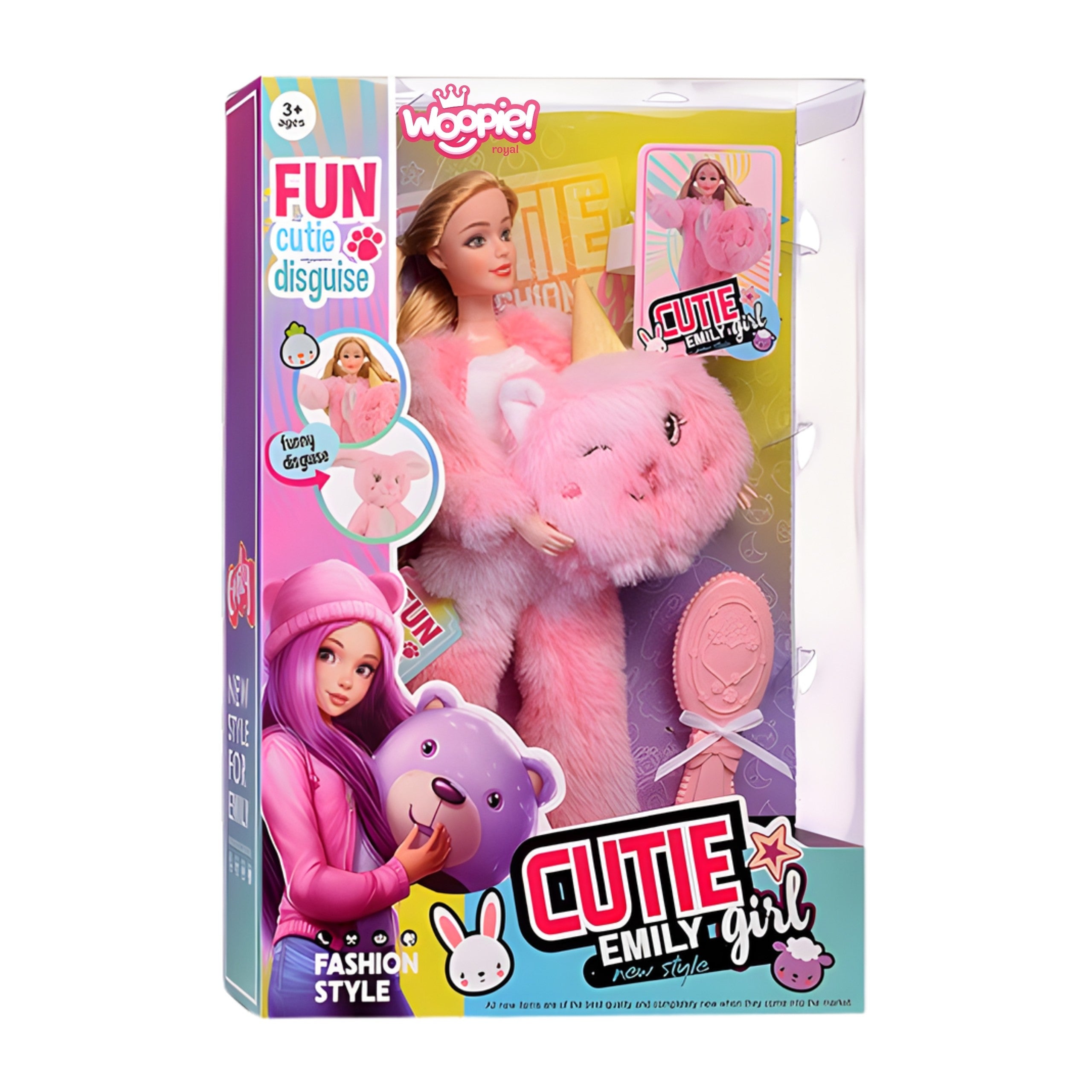 Poupée Woopie Royal Emi en costume d'ours en peluche rose
