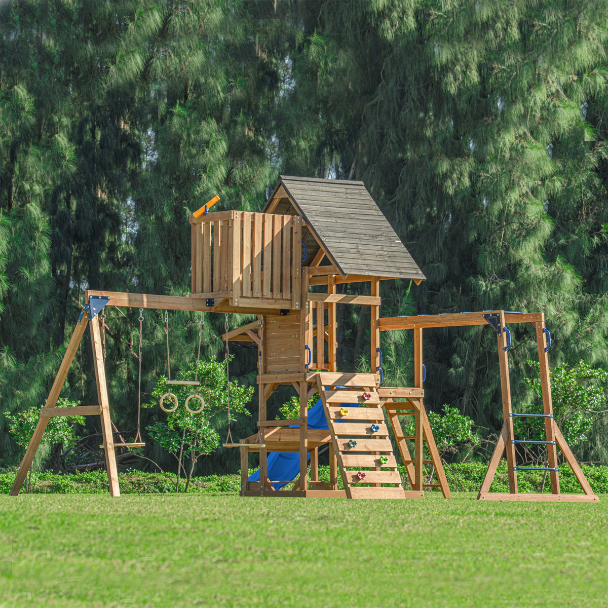 Axi Mitch Play Tower - Velké dřevěné hřiště Skluzavka Houpačky Lezecká stěna + věž