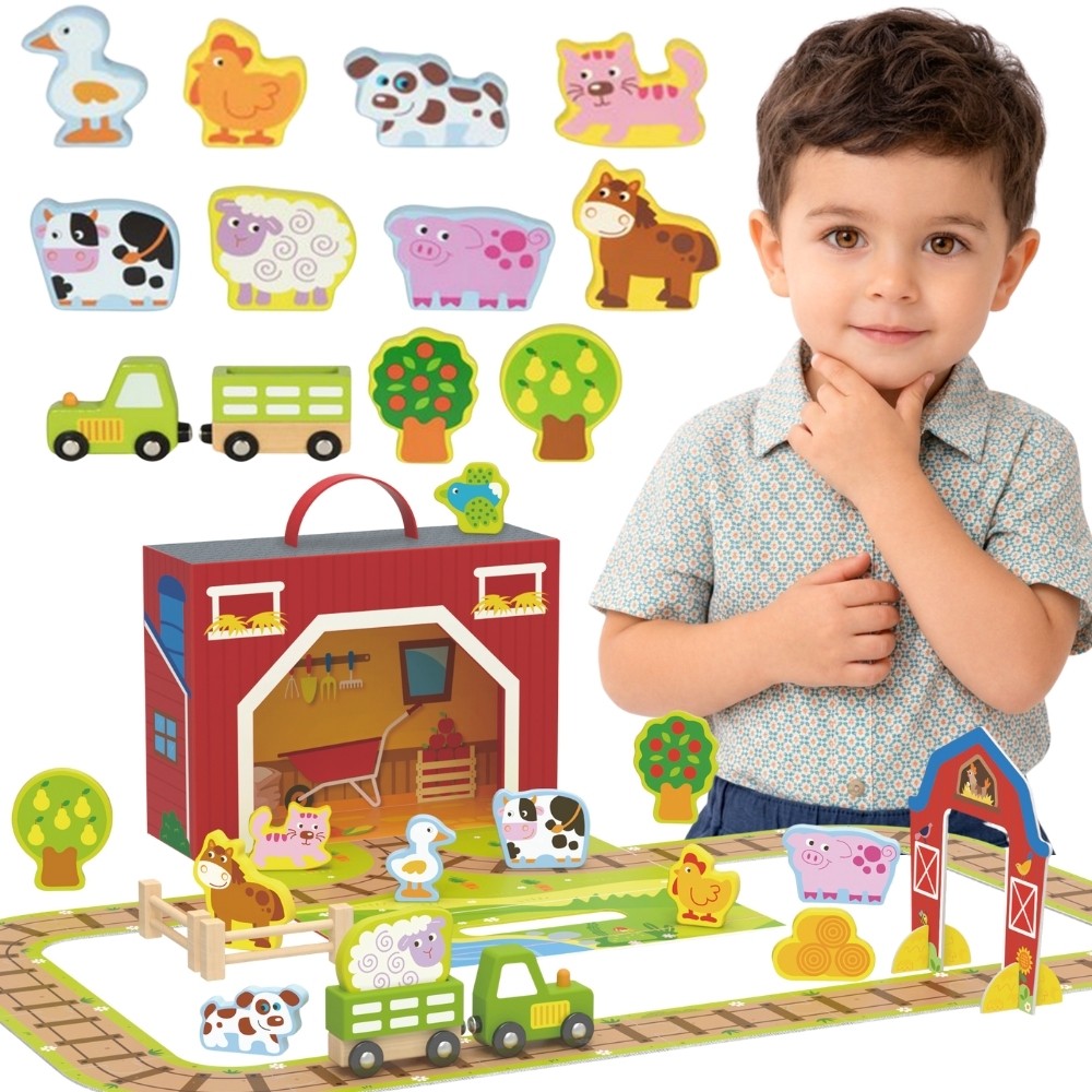 Tooky Toy Дървена ферма в куфар Фигури Превозни средства
